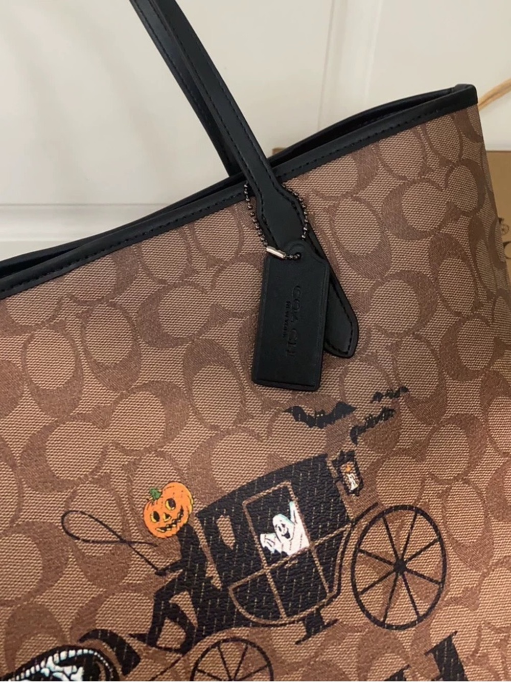 Coach Brown Signature Tote with Black Trim and Halloween Carriage Motif - Picture 3 of 7